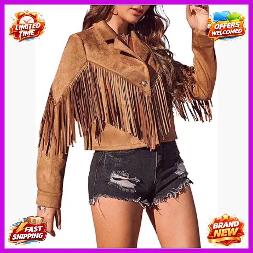 Faux Suede Fringe Open Front Jacket Western Long Sleeve Outerwear